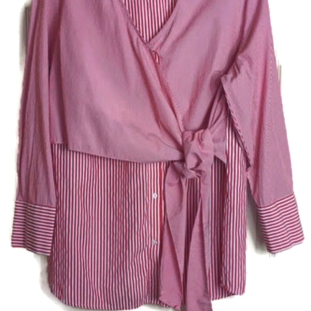 NY Collection Women Long Sleeve Button Front Stripe Size Large